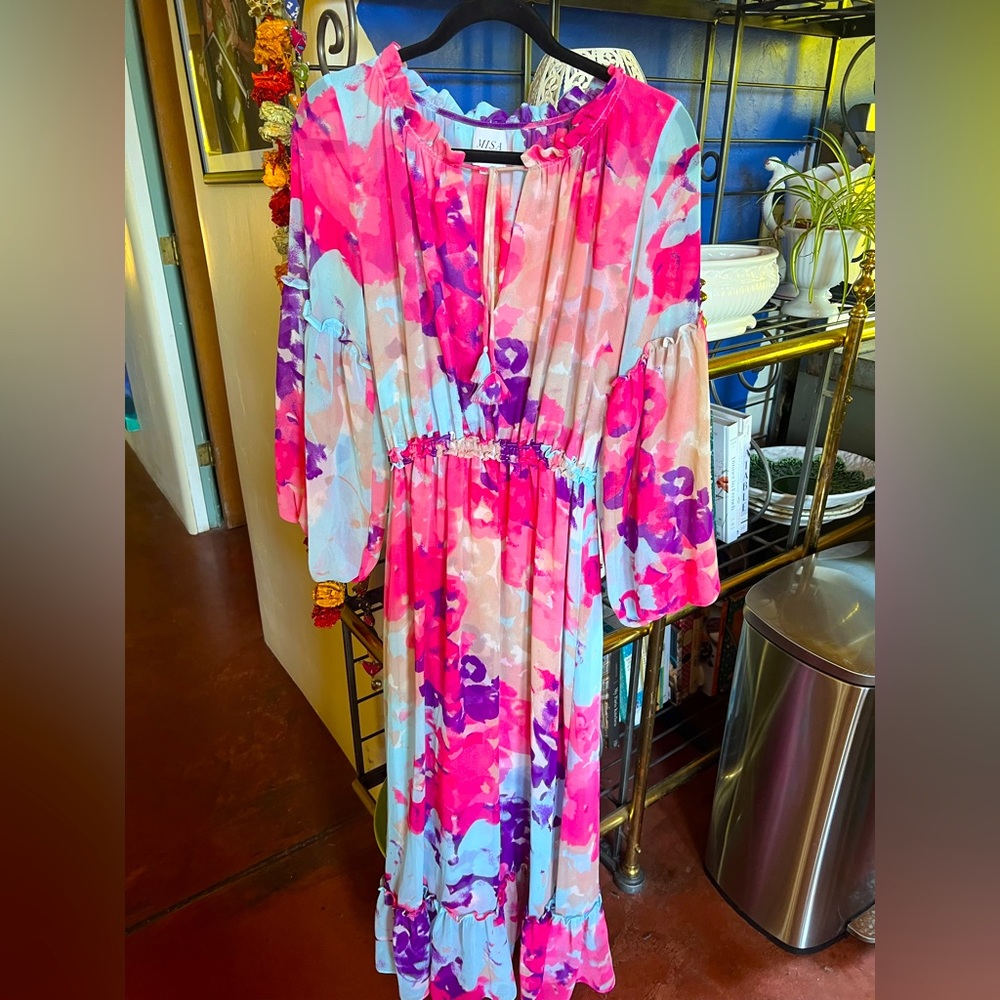 MISA Los Angeles long flowing pink/blue beautifull Dress US M